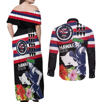 Honolulu Running Race Couples Matching Off Shoulder Maxi Dress and Long Sleeve Button Shirt Hawaii Marathon Kakau Art with Hibiscus and National Flag Style