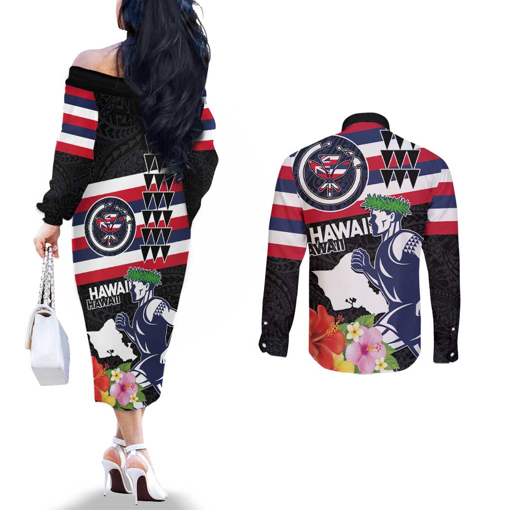 Honolulu Running Race Couples Matching Off The Shoulder Long Sleeve Dress and Long Sleeve Button Shirt Hawaii Marathon Kakau Art with Hibiscus and National Flag Style