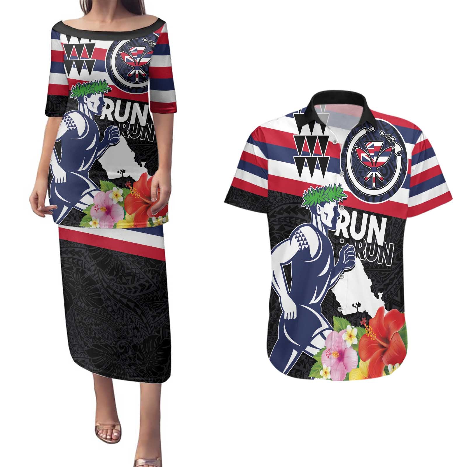 Honolulu Running Race Couples Matching Puletasi and Hawaiian Shirt Hawaii Marathon Kakau Art with Hibiscus and National Flag Style