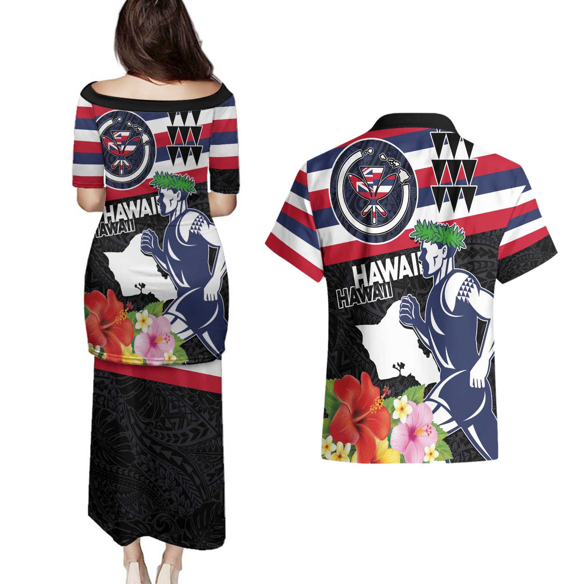 Honolulu Running Race Couples Matching Puletasi and Hawaiian Shirt Hawaii Marathon Kakau Art with Hibiscus and National Flag Style