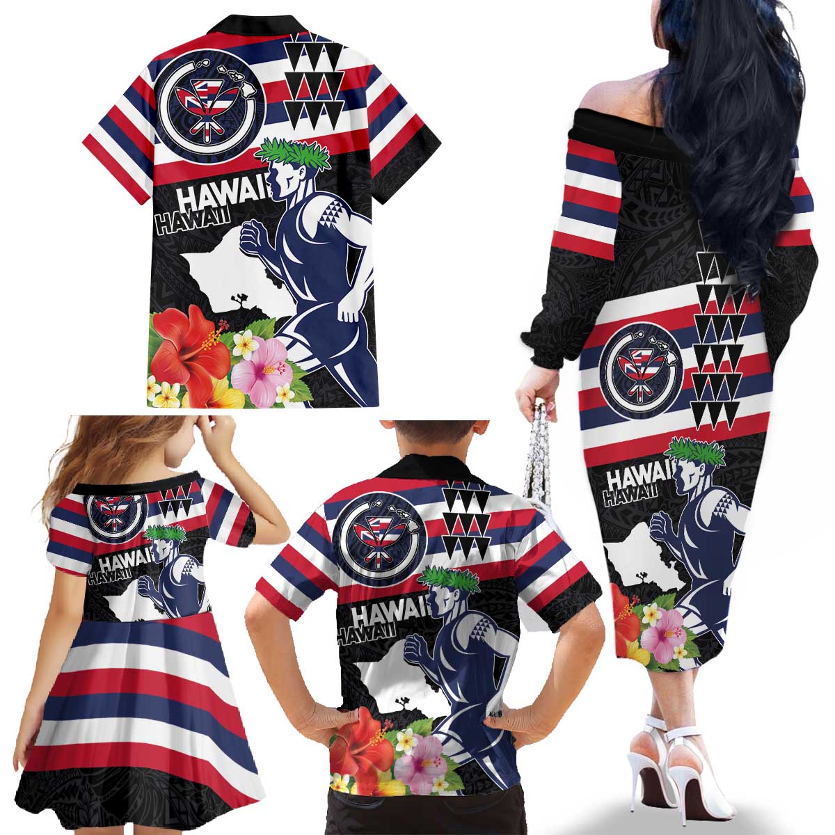 Honolulu Running Race Family Matching Off The Shoulder Long Sleeve Dress and Hawaiian Shirt Hawaii Marathon Kakau Art with Hibiscus and National Flag Style