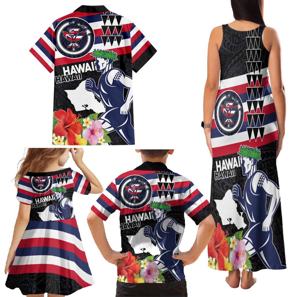 Honolulu Running Race Family Matching Tank Maxi Dress and Hawaiian Shirt Hawaii Marathon Kakau Art with Hibiscus and National Flag Style