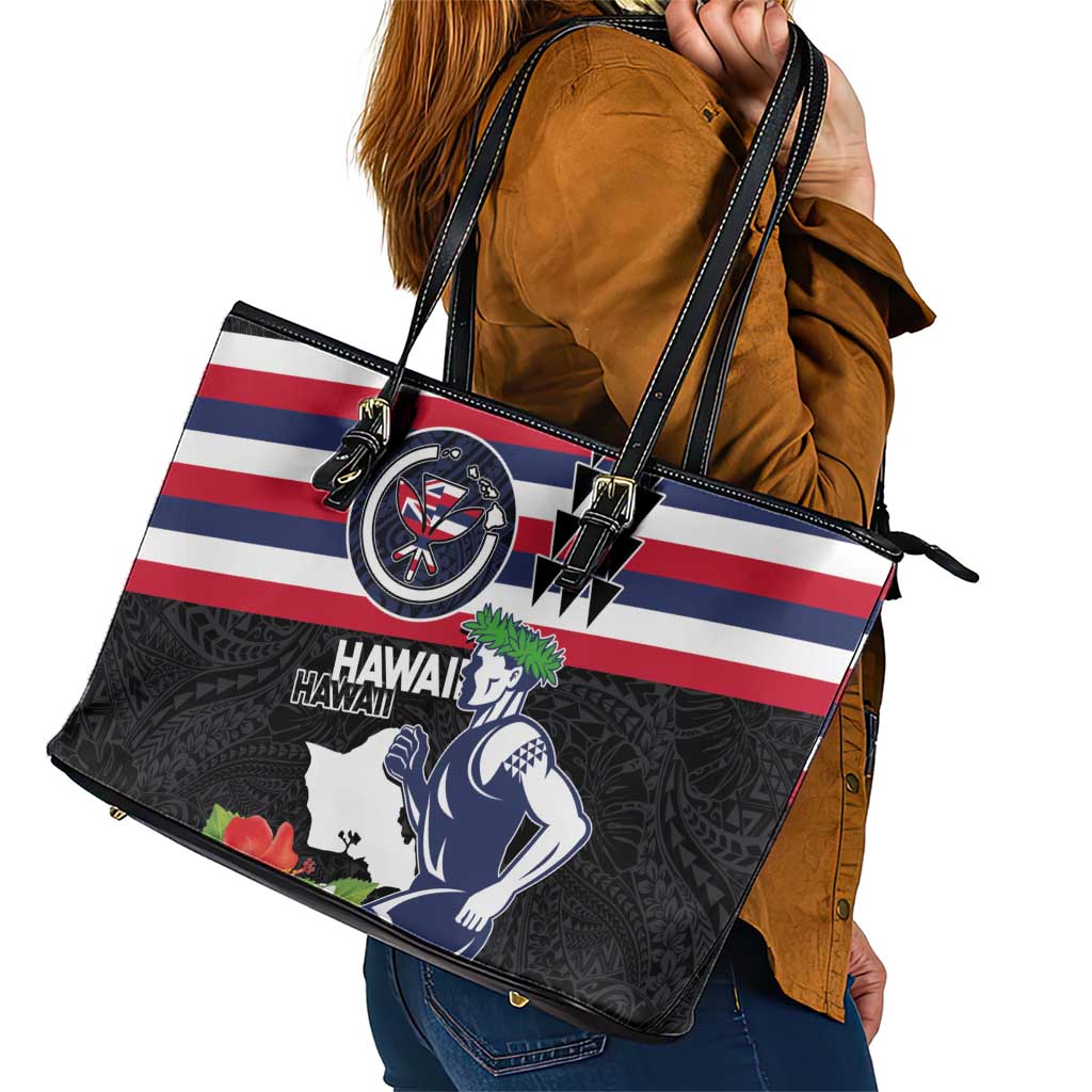 Honolulu Running Race Leather Tote Bag Hawaii Marathon Kakau Art with Hibiscus and National Flag Style