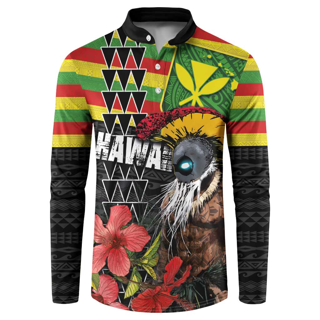 Kanaka Maoli Ikaika Warrior Button Sweatshirt Hibiscus Kakau Art and Tapa Tribal Pattern
