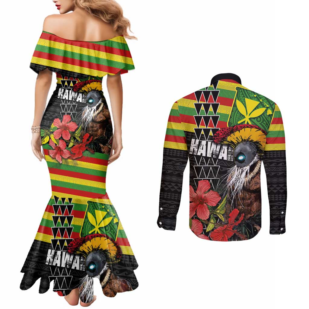 Kanaka Maoli Ikaika Warrior Couples Matching Mermaid Dress and Long Sleeve Button Shirt Hibiscus Kakau Art and Tapa Tribal Pattern