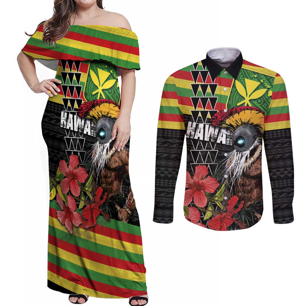 Kanaka Maoli Ikaika Warrior Couples Matching Off Shoulder Maxi Dress and Long Sleeve Button Shirt Hibiscus Kakau Art and Tapa Tribal Pattern