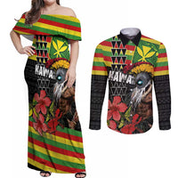 Kanaka Maoli Ikaika Warrior Couples Matching Off Shoulder Maxi Dress and Long Sleeve Button Shirt Hibiscus Kakau Art and Tapa Tribal Pattern