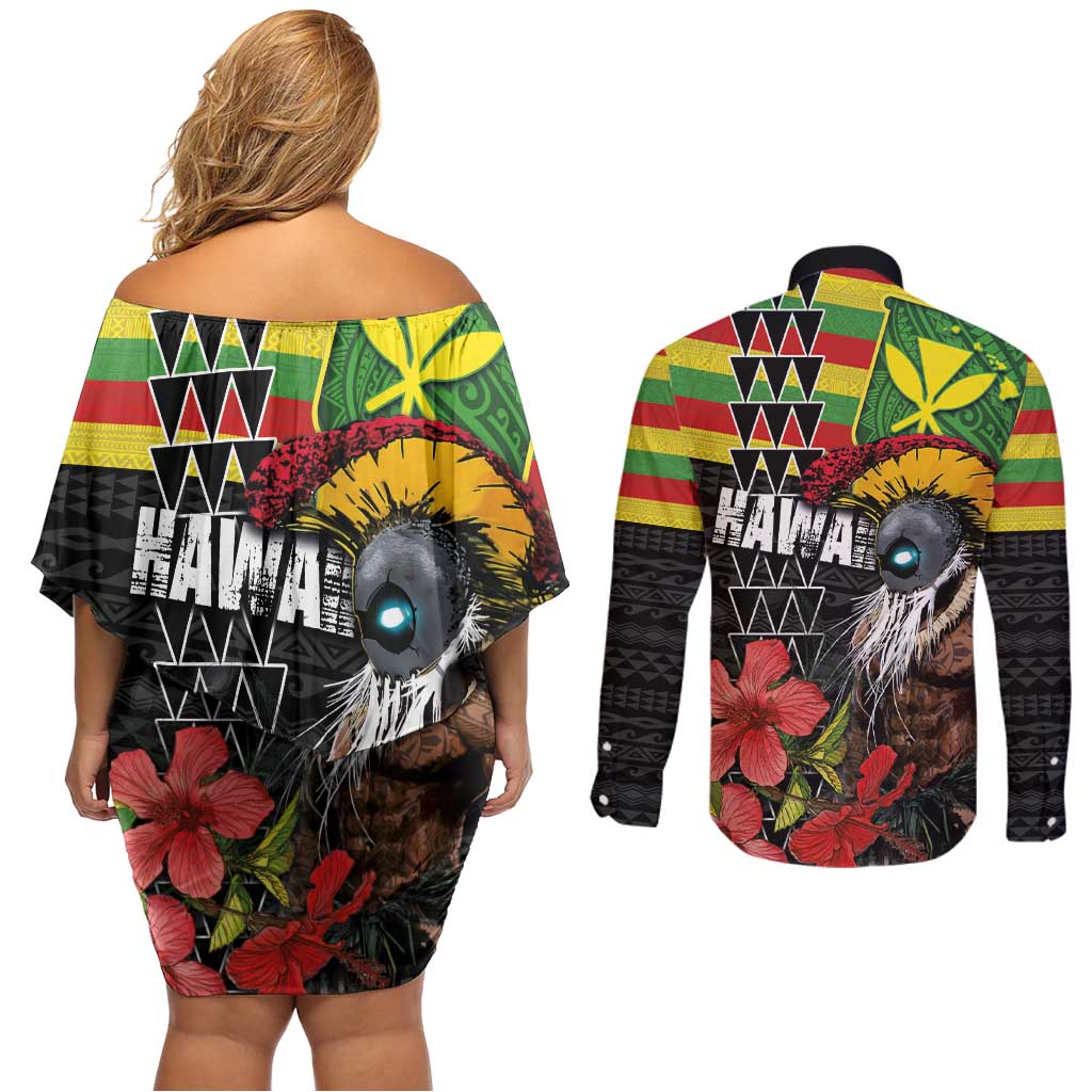 Kanaka Maoli Ikaika Warrior Couples Matching Off Shoulder Short Dress and Long Sleeve Button Shirt Hibiscus Kakau Art and Tapa Tribal Pattern
