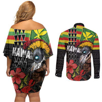 Kanaka Maoli Ikaika Warrior Couples Matching Off Shoulder Short Dress and Long Sleeve Button Shirt Hibiscus Kakau Art and Tapa Tribal Pattern