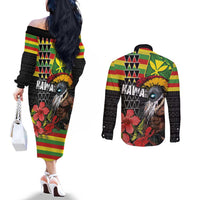 Kanaka Maoli Ikaika Warrior Couples Matching Off The Shoulder Long Sleeve Dress and Long Sleeve Button Shirt Hibiscus Kakau Art and Tapa Tribal Pattern