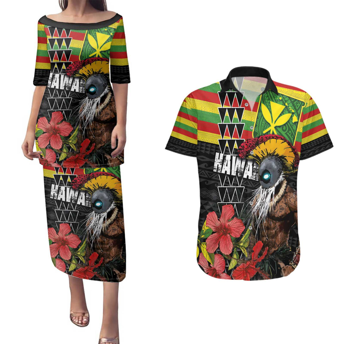 Kanaka Maoli Ikaika Warrior Couples Matching Puletasi and Hawaiian Shirt Hibiscus Kakau Art and Tapa Tribal Pattern