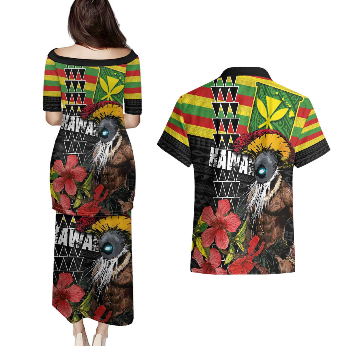 Kanaka Maoli Ikaika Warrior Couples Matching Puletasi and Hawaiian Shirt Hibiscus Kakau Art and Tapa Tribal Pattern