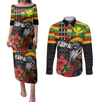 Kanaka Maoli Ikaika Warrior Couples Matching Puletasi and Long Sleeve Button Shirt Hibiscus Kakau Art and Tapa Tribal Pattern