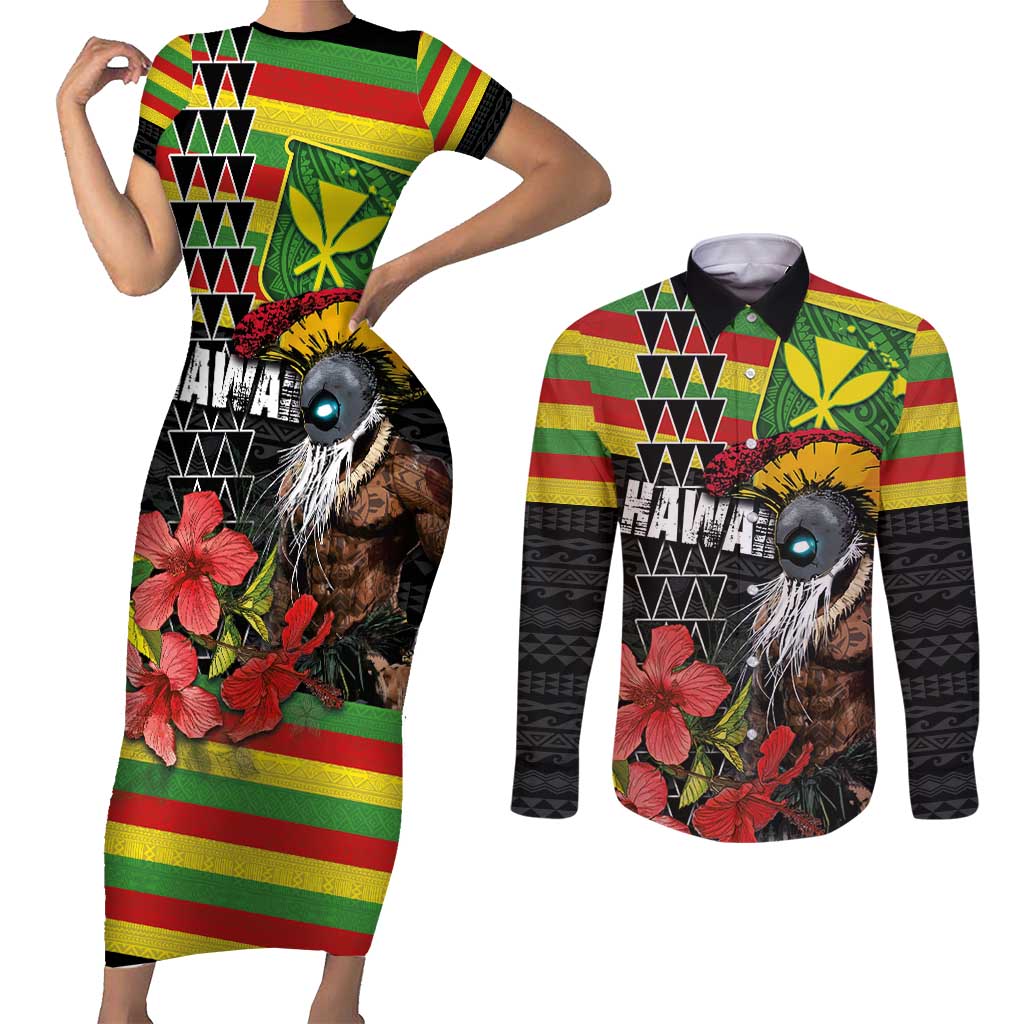 Kanaka Maoli Ikaika Warrior Couples Matching Short Sleeve Bodycon Dress and Long Sleeve Button Shirt Hibiscus Kakau Art and Tapa Tribal Pattern