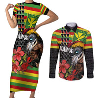 Kanaka Maoli Ikaika Warrior Couples Matching Short Sleeve Bodycon Dress and Long Sleeve Button Shirt Hibiscus Kakau Art and Tapa Tribal Pattern