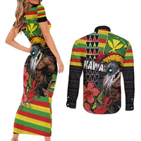 Kanaka Maoli Ikaika Warrior Couples Matching Short Sleeve Bodycon Dress and Long Sleeve Button Shirt Hibiscus Kakau Art and Tapa Tribal Pattern