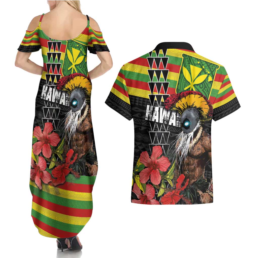 Kanaka Maoli Ikaika Warrior Couples Matching Summer Maxi Dress and Hawaiian Shirt Hibiscus Kakau Art and Tapa Tribal Pattern