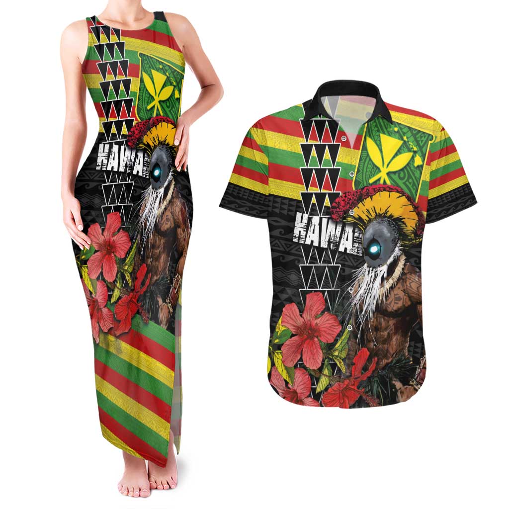 Kanaka Maoli Ikaika Warrior Couples Matching Tank Maxi Dress and Hawaiian Shirt Hibiscus Kakau Art and Tapa Tribal Pattern