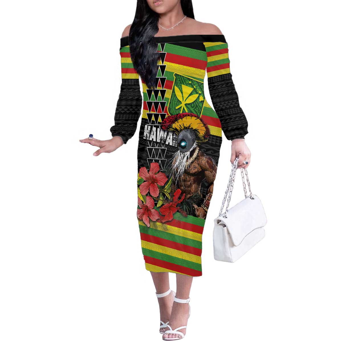 Kanaka Maoli Ikaika Warrior Family Matching Off The Shoulder Long Sleeve Dress and Hawaiian Shirt Hibiscus Kakau Art and Tapa Tribal Pattern