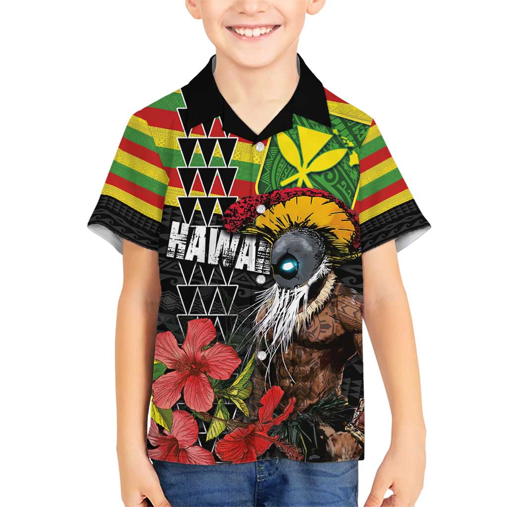 Kanaka Maoli Ikaika Warrior Family Matching Off Shoulder Short Dress and Hawaiian Shirt Hibiscus Kakau Art and Tapa Tribal Pattern