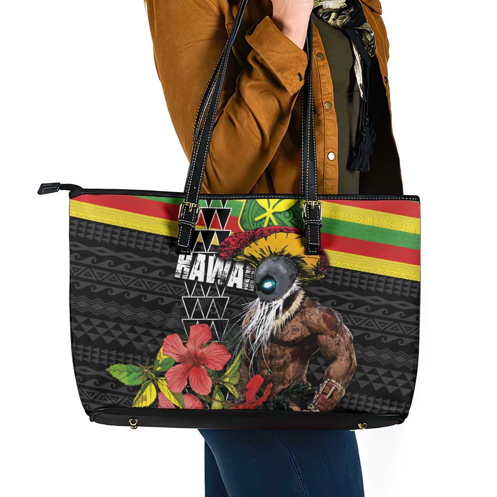 Kanaka Maoli Ikaika Warrior Leather Tote Bag Hibiscus Kakau Art and Tapa Tribal Pattern