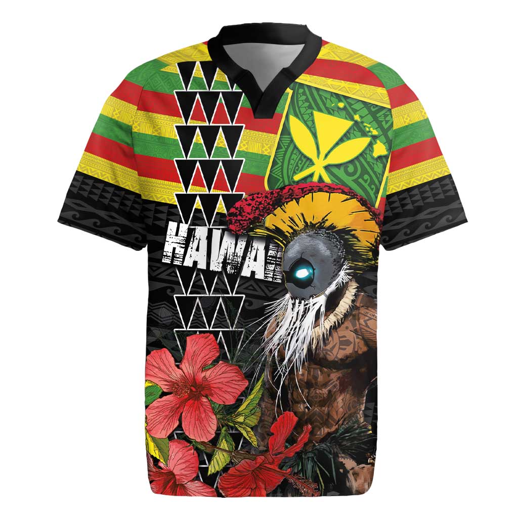 Kanaka Maoli Ikaika Warrior Rugby Jersey Hibiscus Kakau Art and Tapa Tribal Pattern