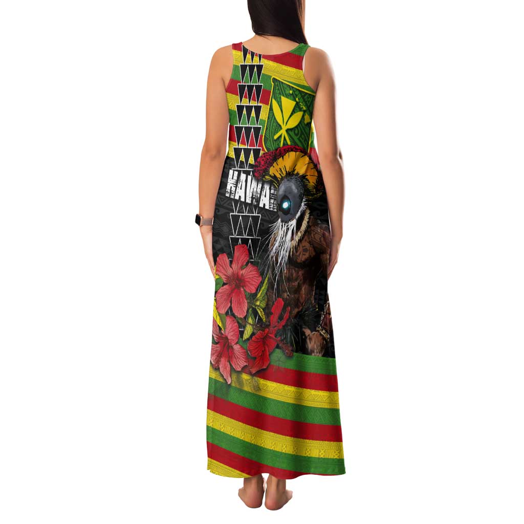 Kanaka Maoli Ikaika Warrior Tank Maxi Dress Hibiscus Kakau Art and Tapa Tribal Pattern
