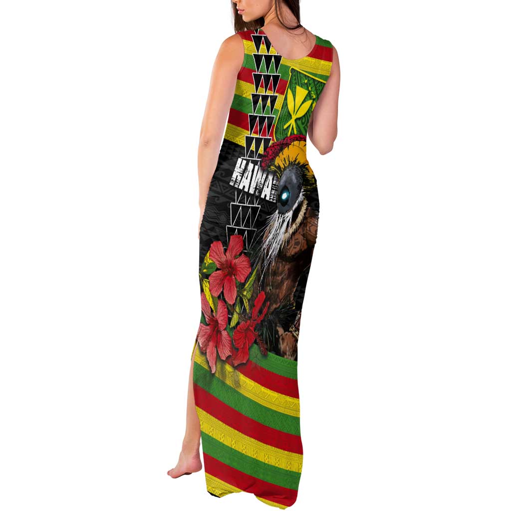 Kanaka Maoli Ikaika Warrior Tank Maxi Dress Hibiscus Kakau Art and Tapa Tribal Pattern