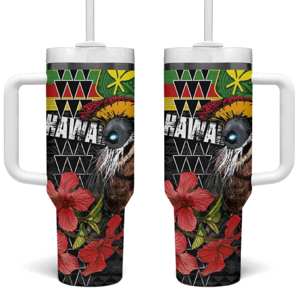 Kanaka Maoli Ikaika Warrior Tumbler With Handle Hibiscus Kakau Art and Tapa Tribal Pattern