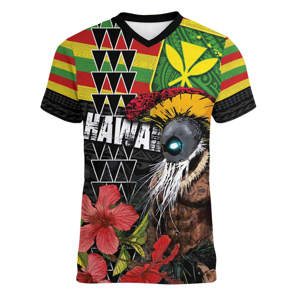 Kanaka Maoli Ikaika Warrior Women V-Neck T-Shirt Hibiscus Kakau Art and Tapa Tribal Pattern