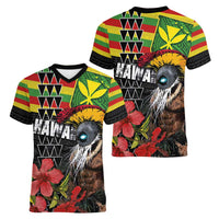 Kanaka Maoli Ikaika Warrior Women V-Neck T-Shirt Hibiscus Kakau Art and Tapa Tribal Pattern