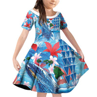 Hawaiian Waves Whale Family Matching Off Shoulder Short Dress and Hawaiian Shirt Kakau Art and Tropical Red Hibiscus Flowers