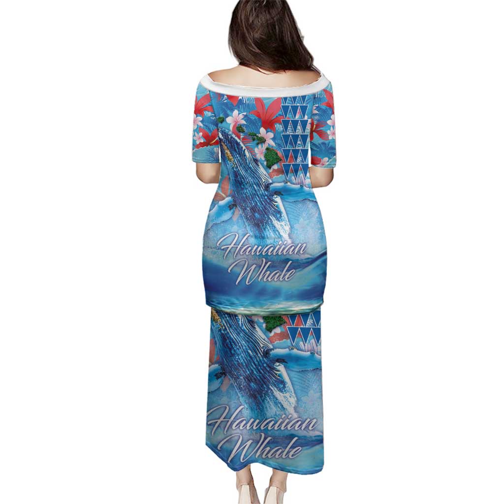 Hawaiian Waves Whale Family Matching Puletasi and Hawaiian Shirt Kakau Art and Tropical Red Hibiscus Flowers