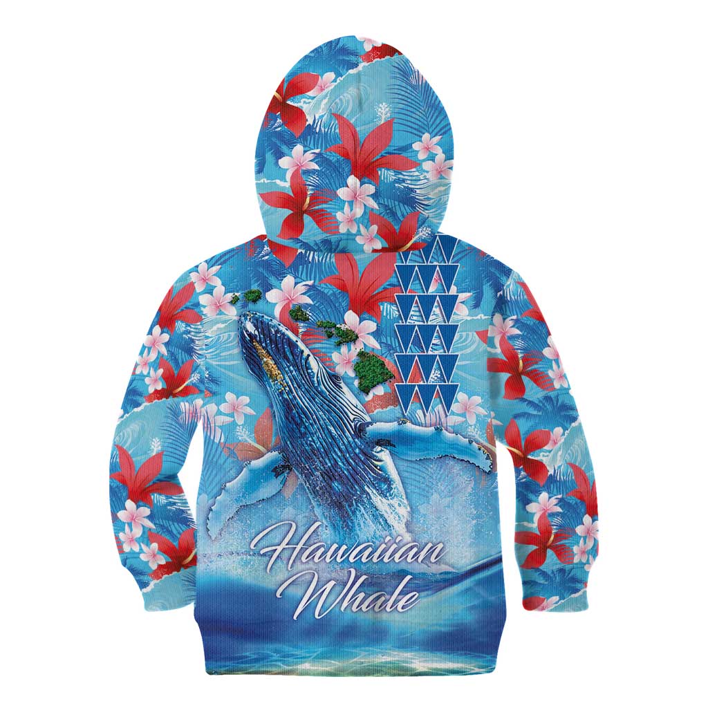 Hawaiian Waves Whale Kid Hoodie Kakau Art and Tropical Red Hibiscus Flowers