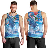 Hawaiian Waves Whale Men Tank Top Kakau Art and Tropical Red Hibiscus Flowers