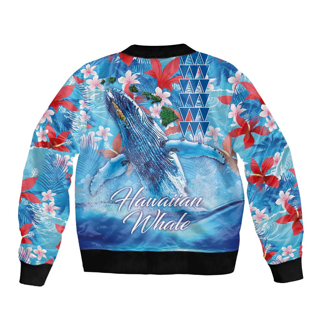 Hawaiian Waves Whale Sleeve Zip Bomber Jacket Kakau Art and Tropical Red Hibiscus Flowers