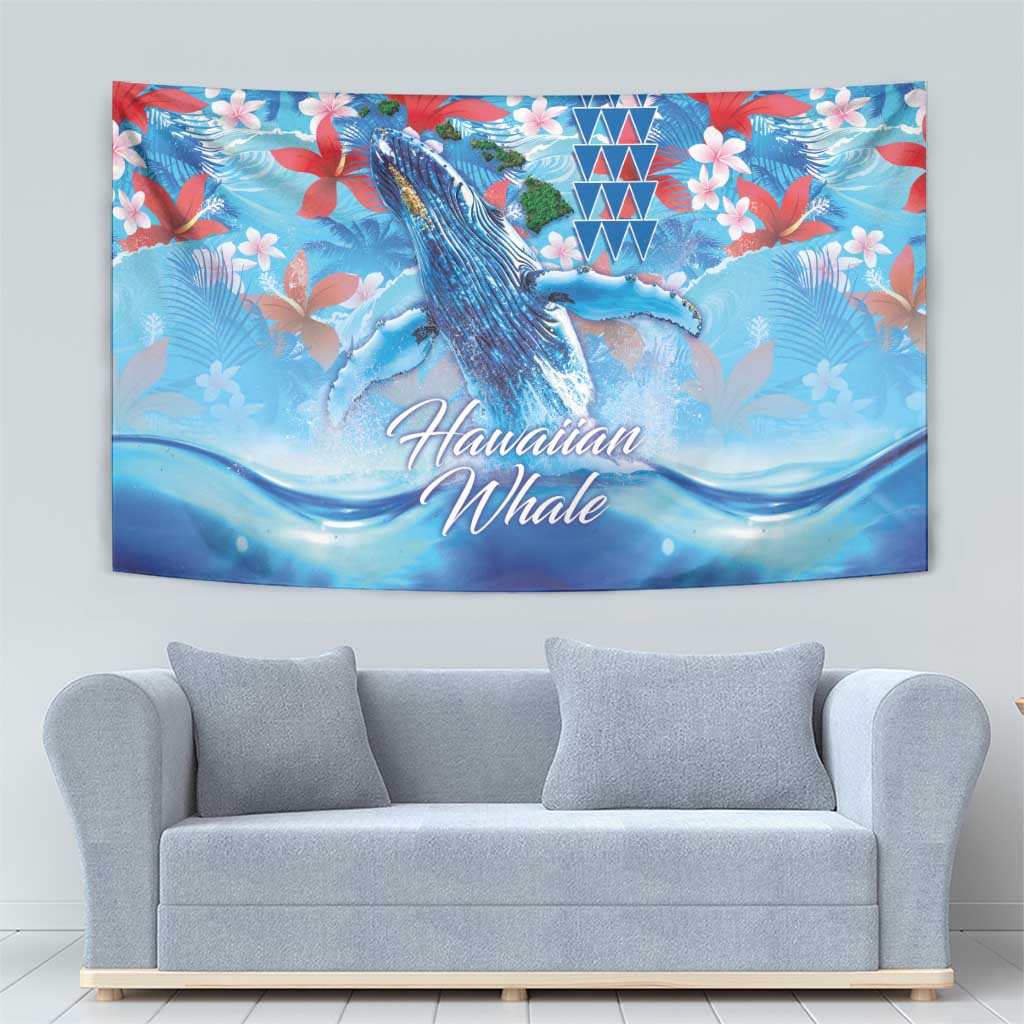 Hawaiian Waves Whale Tapestry Kakau Art and Tropical Red Hibiscus Flowers