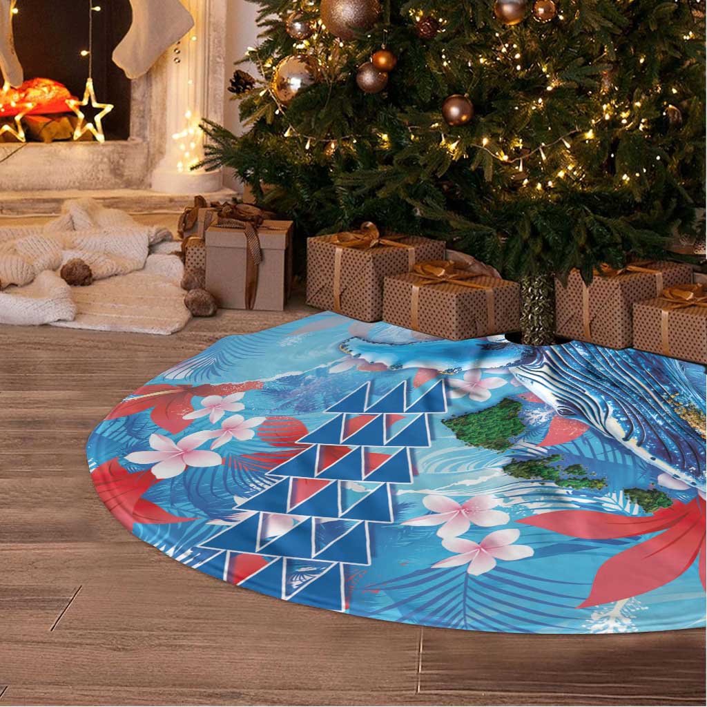Hawaiian Waves Whale Tree Skirt Kakau Art and Tropical Red Hibiscus Flowers