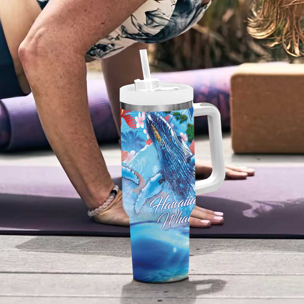 Hawaiian Waves Whale Tumbler With Handle Kakau Art and Tropical Red Hibiscus Flowers