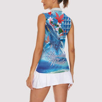Hawaiian Waves Whale Women Sleeveless Polo Shirt Kakau Art and Tropical Red Hibiscus Flowers