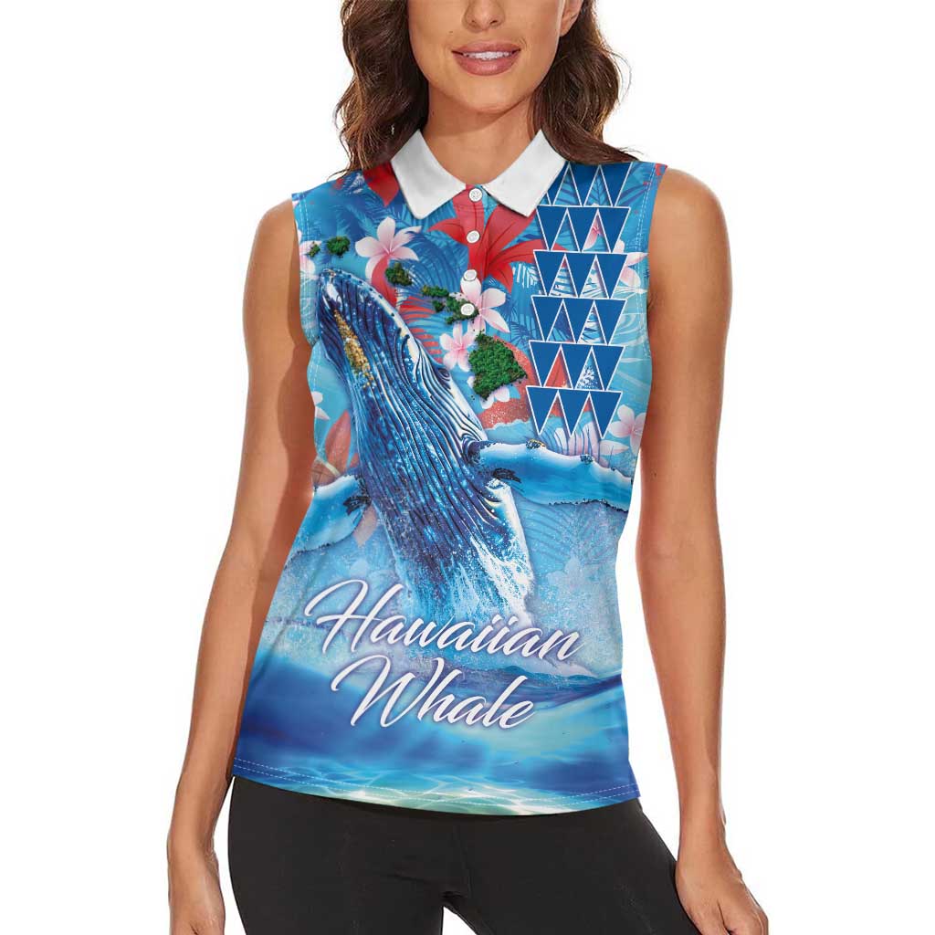 Hawaiian Waves Whale Women Sleeveless Polo Shirt Kakau Art and Tropical Red Hibiscus Flowers