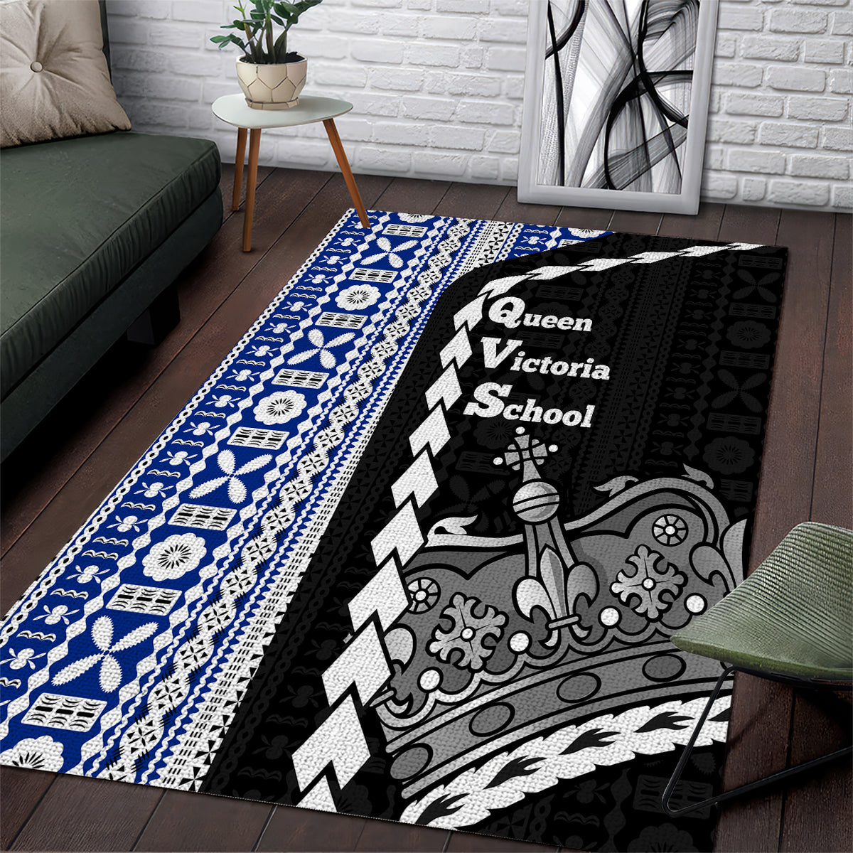 Fiji Queen Victoria School Area Rug Tapa and Polynesian Tribal Pattern Half Style LT03 Black - Polynesian Pride