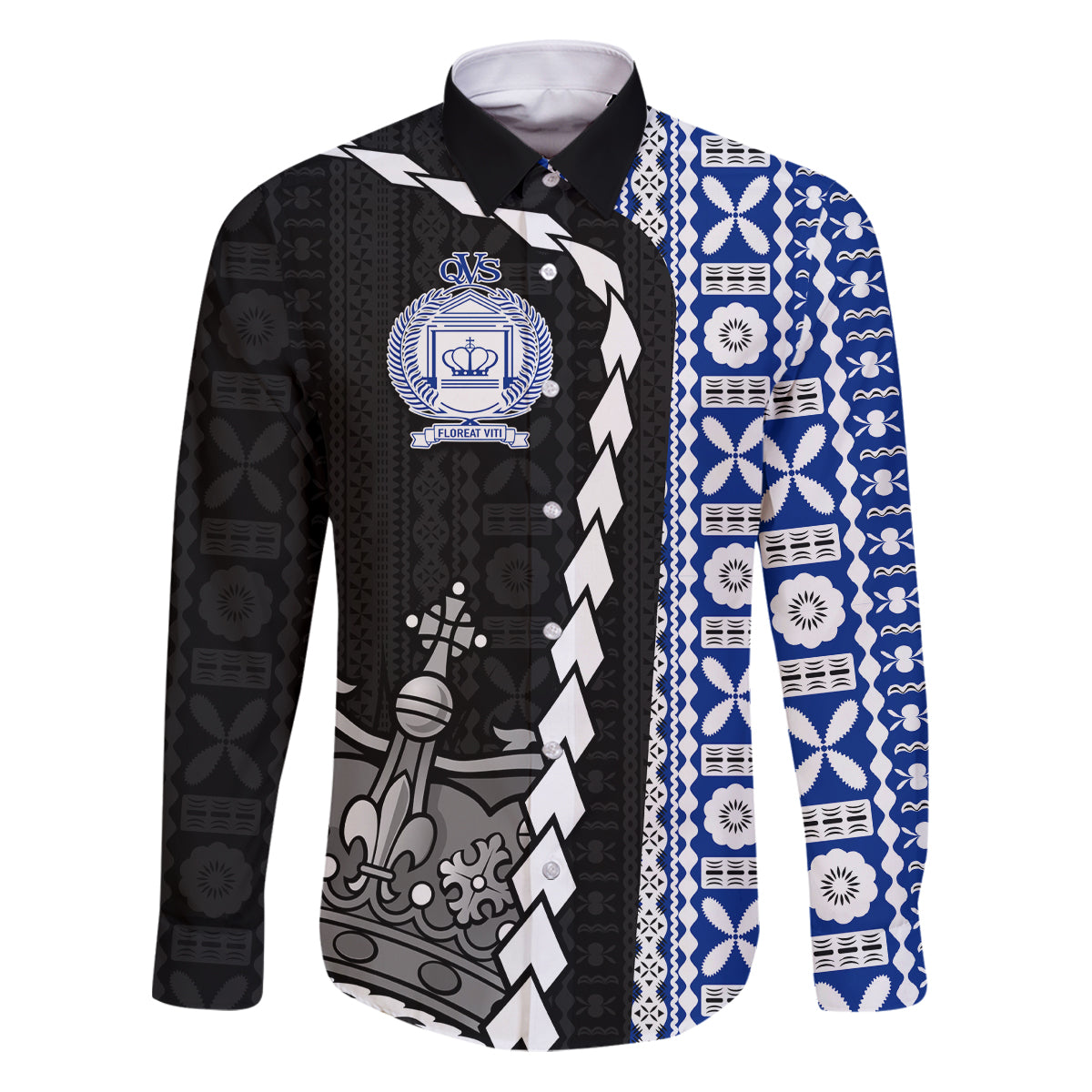 Fiji Queen Victoria School Family Matching Puletasi Dress and Hawaiian Shirt Tapa and Polynesian Tribal Pattern Half Style LT03 Dad's Shirt - Long Sleeve Black - Polynesian Pride