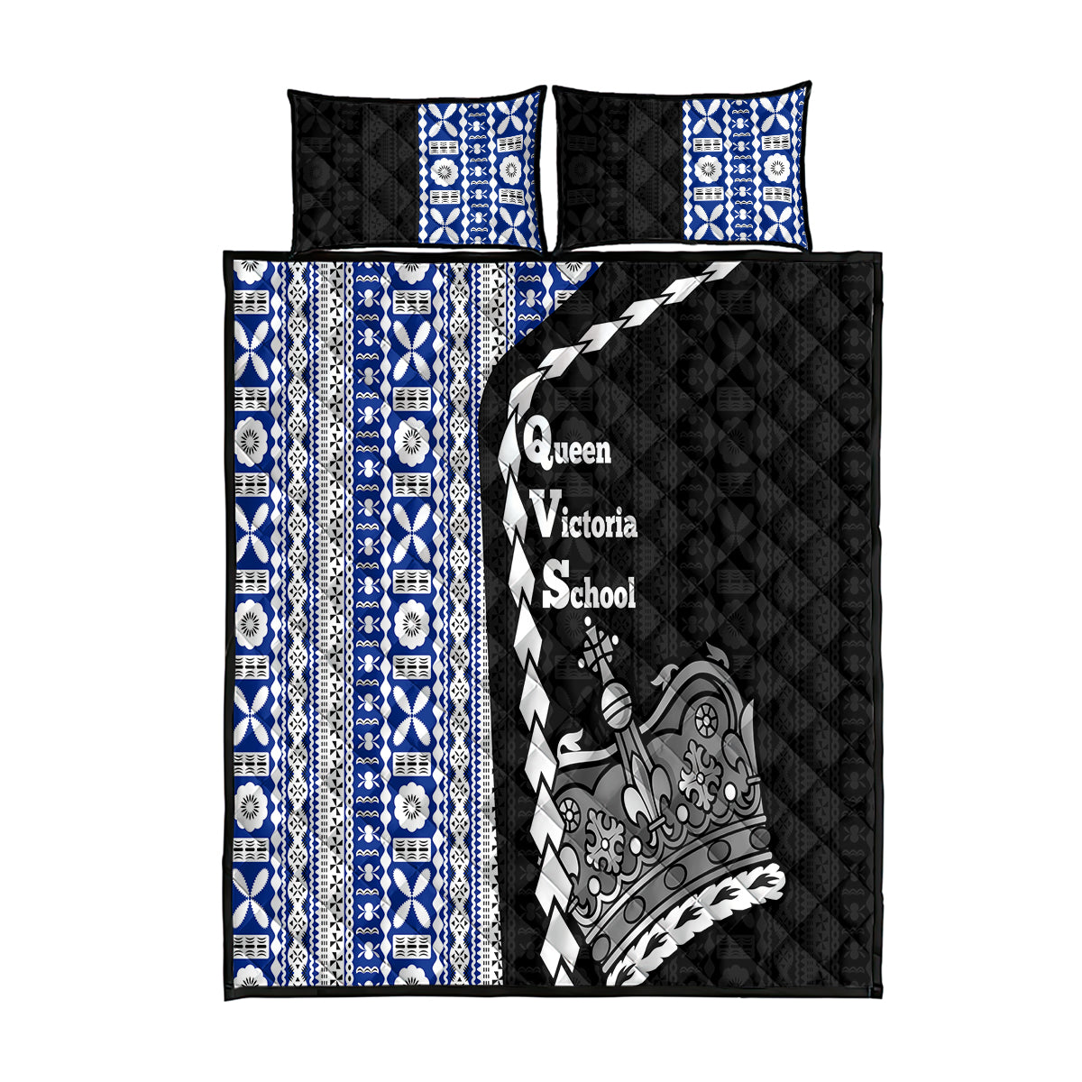 Fiji Queen Victoria School Quilt Bed Set Tapa and Polynesian Tribal Pattern Half Style LT03 Black - Polynesian Pride