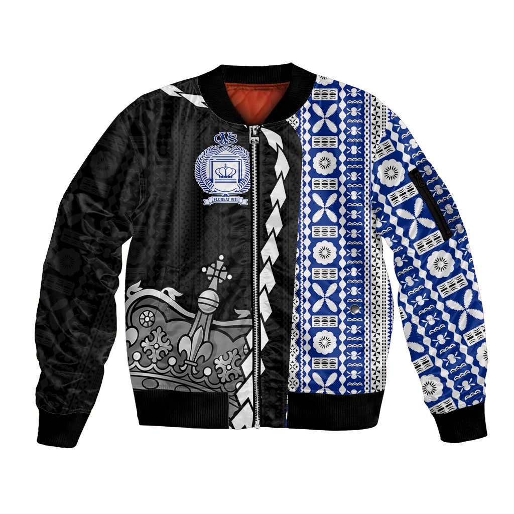 Fiji Queen Victoria School Sleeve Zip Bomber Jacket Tapa and Polynesian Tribal Pattern Half Style LT03 Unisex Black - Polynesian Pride