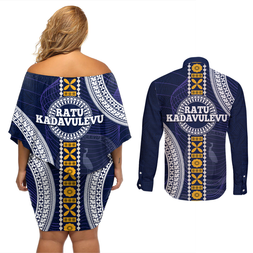 Fiji Ratu Kadavulevu School Couples Matching Off Shoulder Short Dress and Long Sleeve Button Shirt Tapa and Polynesian Tribal Pattern LT03 - Polynesian Pride