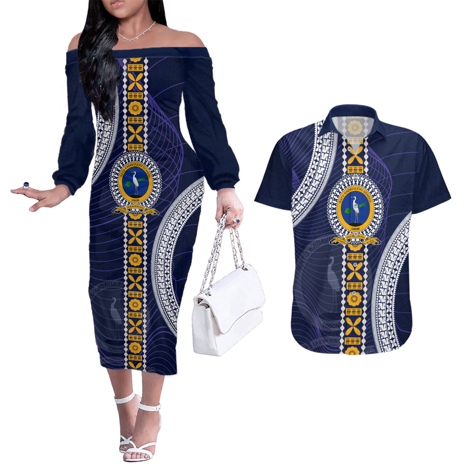 Fiji Ratu Kadavulevu School Couples Matching Off The Shoulder Long Sleeve Dress and Hawaiian Shirt Tapa and Polynesian Tribal Pattern LT03 Blue - Polynesian Pride