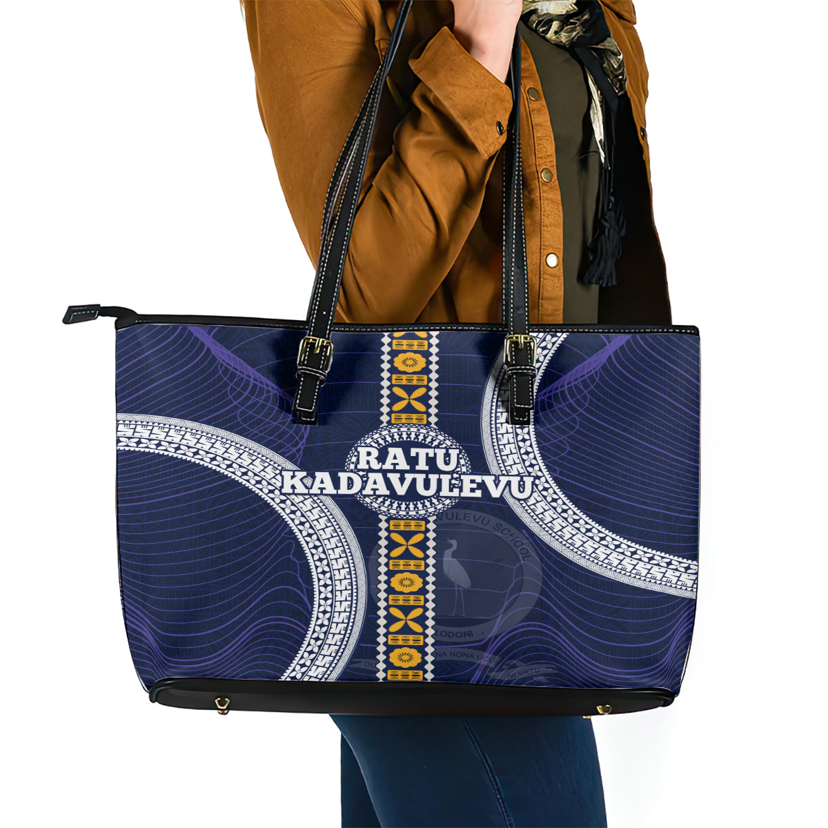 Fiji Ratu Kadavulevu School Leather Tote Bag Tapa and Polynesian Tribal Pattern LT03 - Polynesian Pride