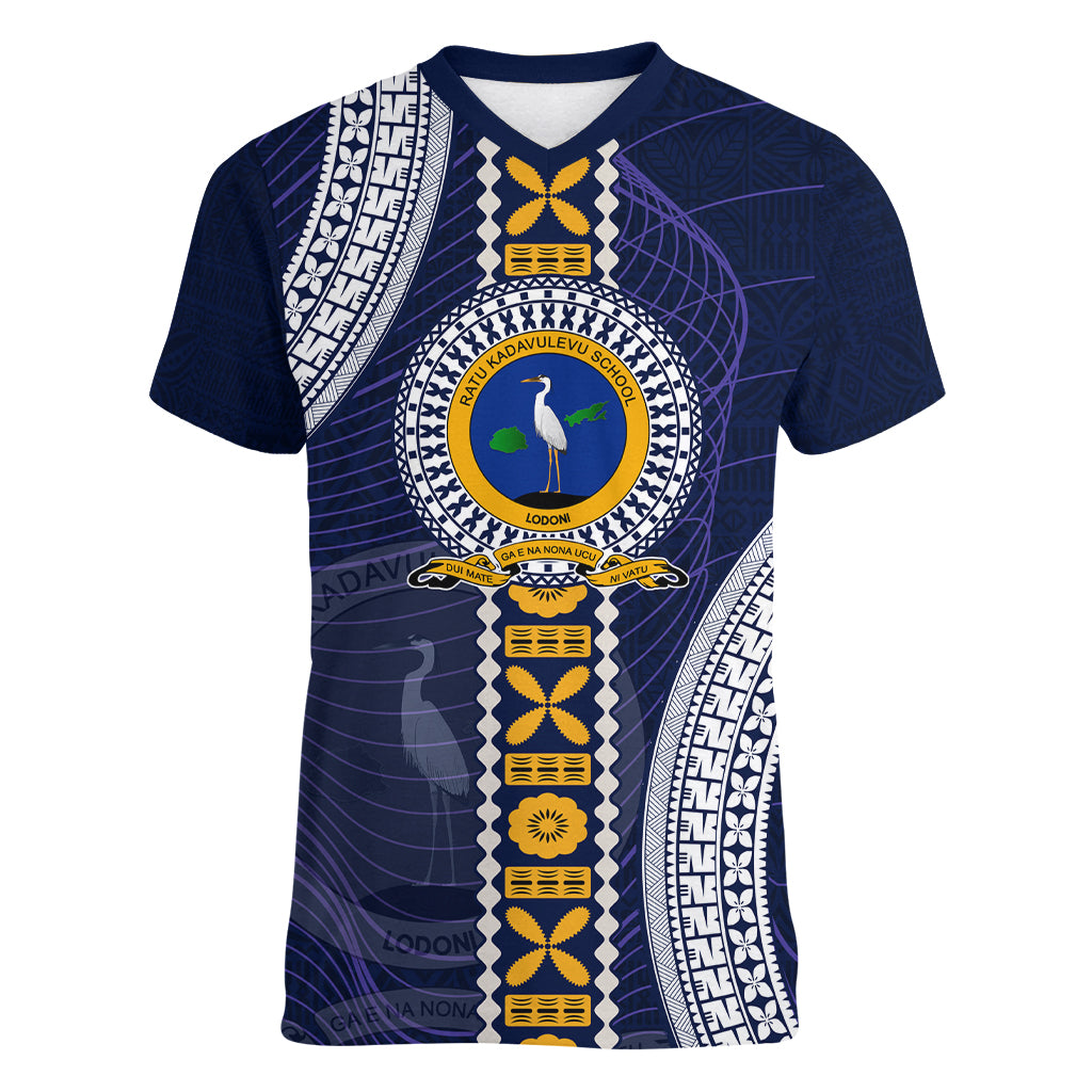Fiji Ratu Kadavulevu School Women V Neck T Shirt Tapa and Polynesian Tribal Pattern LT03 Female Blue - Polynesian Pride