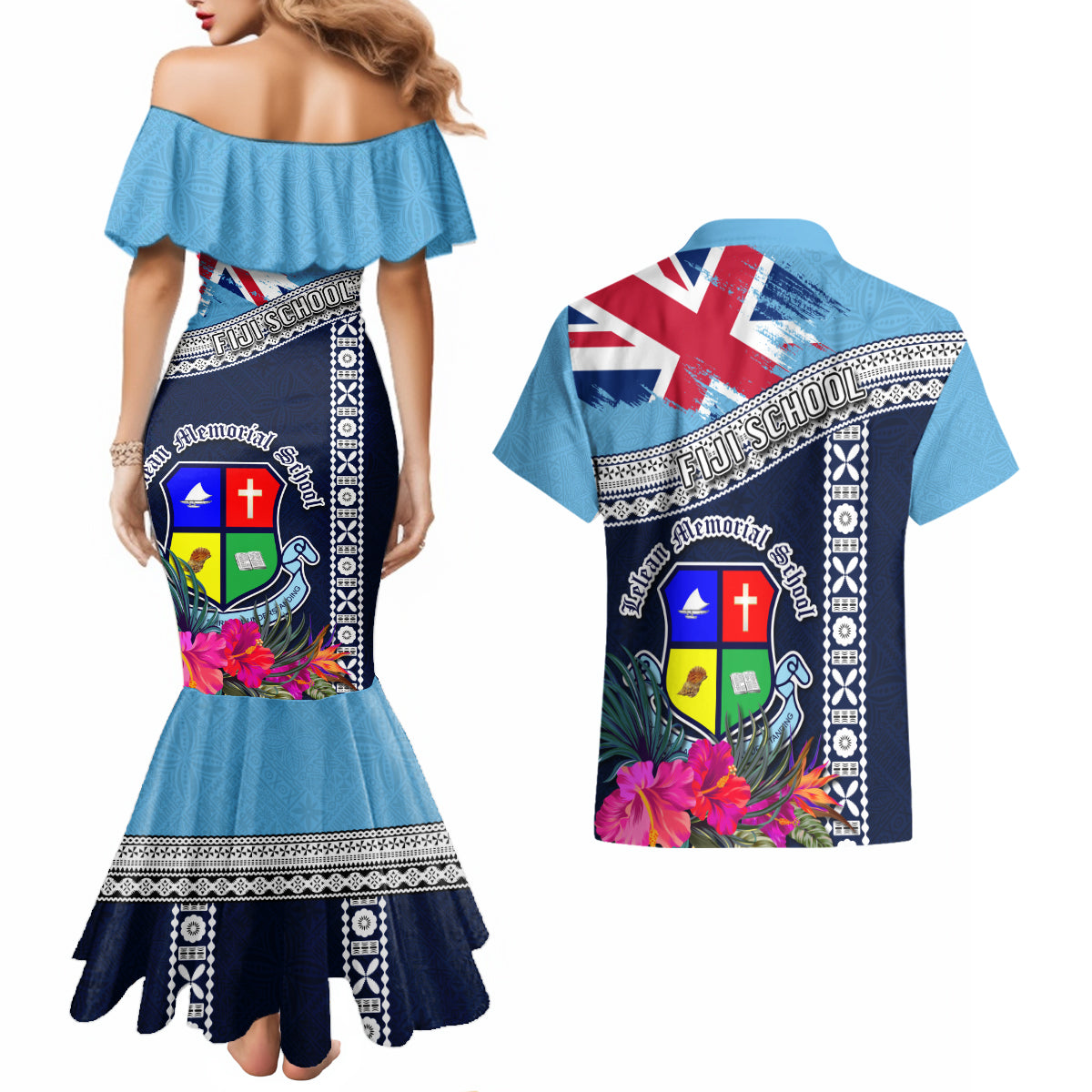 Fiji Lelean Memorial School Couples Matching Mermaid Dress and Hawaiian Shirt Tapa and Polynesian Tribal Pattern LT03 - Polynesian Pride